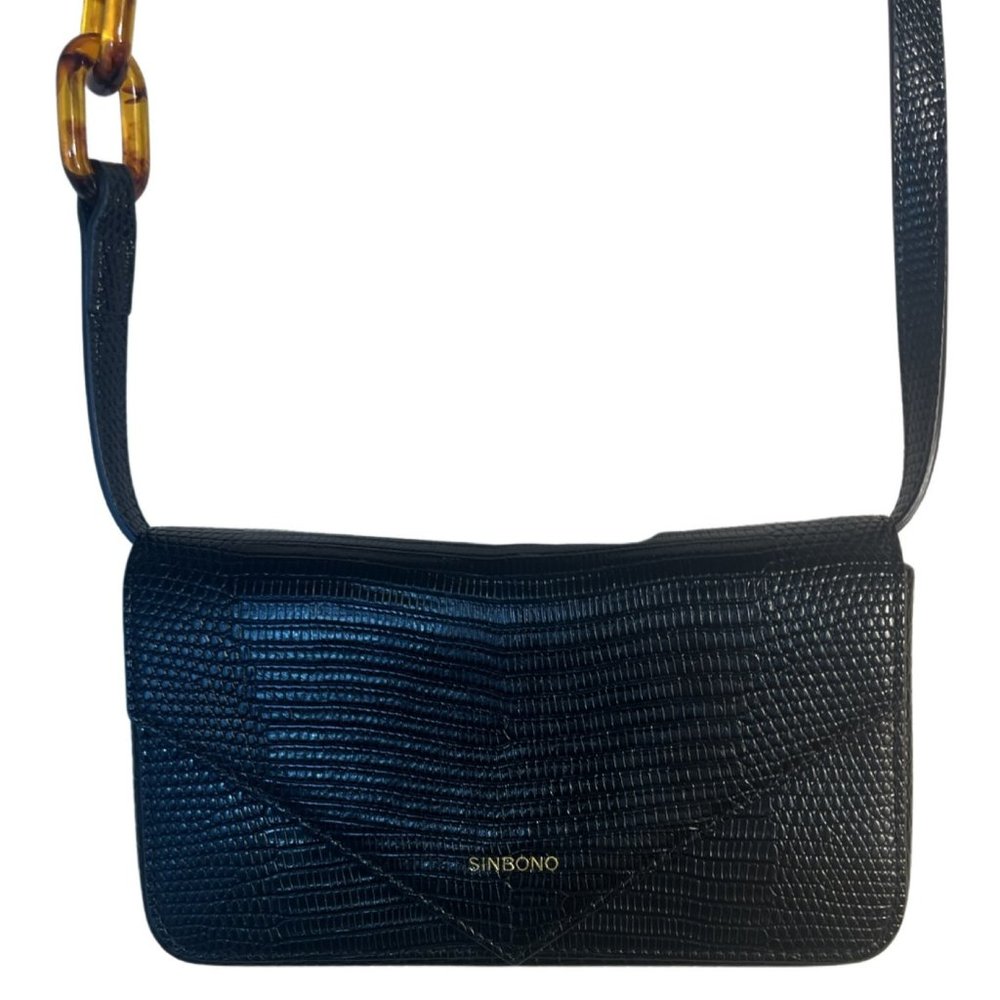 Sinbono Vegan Black Faux Lizard Crossbody Bag  Tortoise Links